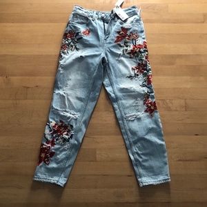 Topshop Floral Embroidered Mom Jeans